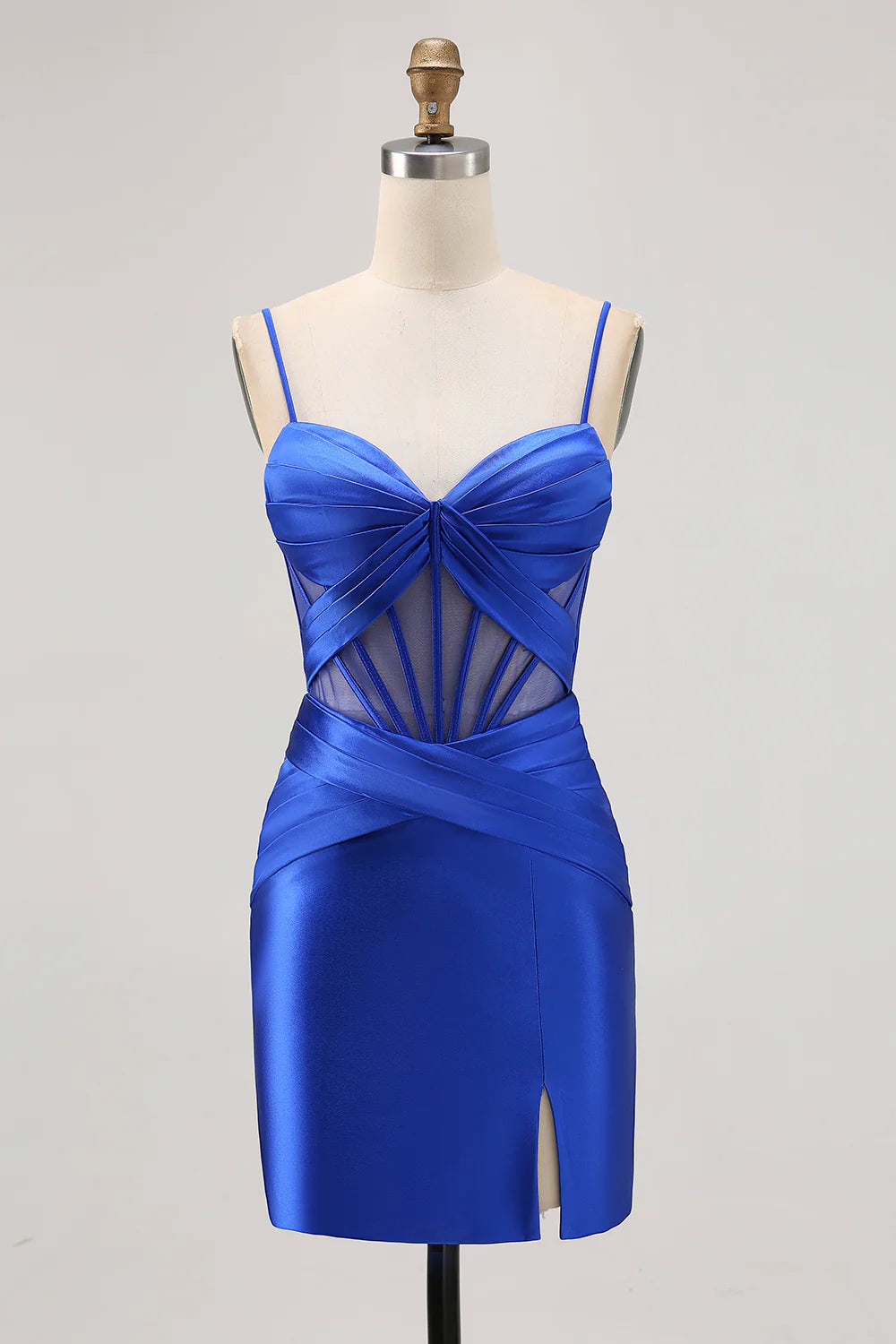 Royal Blue Satin Tight Ruched Corset Short Homecoming Dress with Slit