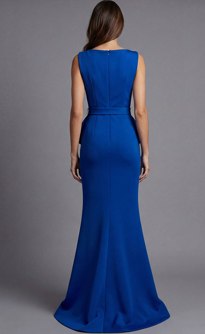 Royal Blue Sleeveless Mermaid Evening Gown with Belted Waist, Ruffled Peplum and Sweep Train