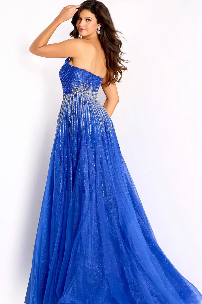 Royal Blue Strapless Beaded Tulle Ball Gown with Silver Sunburst Embellishments and Sweep Train
