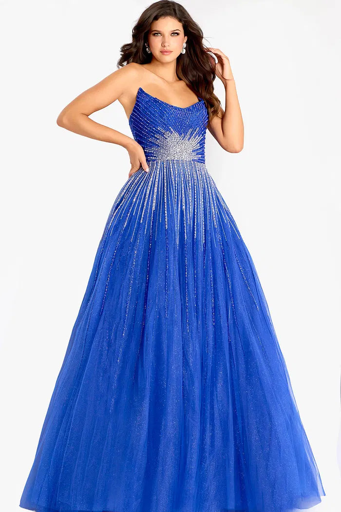 Royal Blue Strapless Beaded Tulle Ball Gown with Silver Sunburst Embellishments and Sweep Train