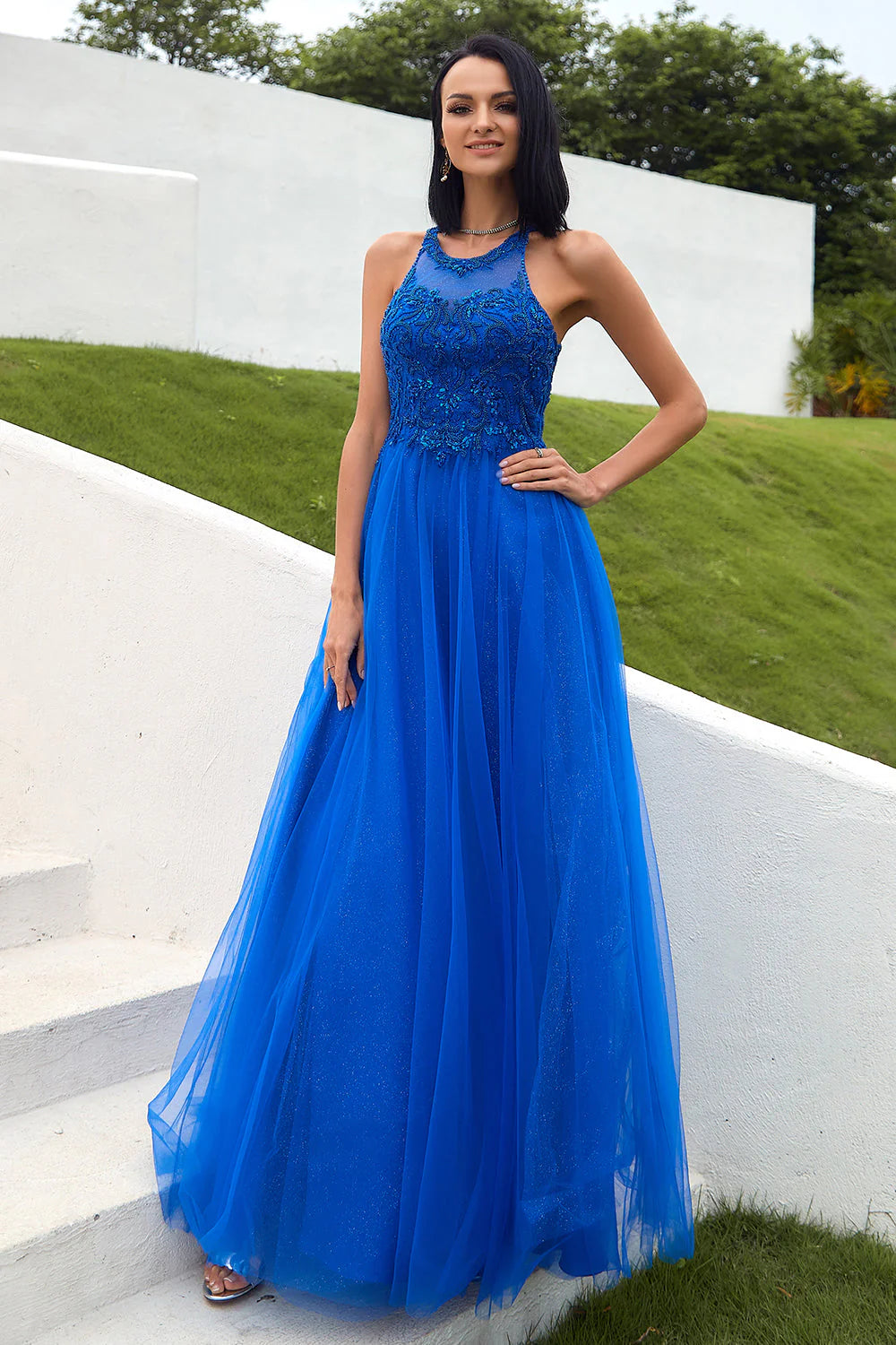 Royal Blue Tulle Full Of Charm  Prom Dress with Appliques