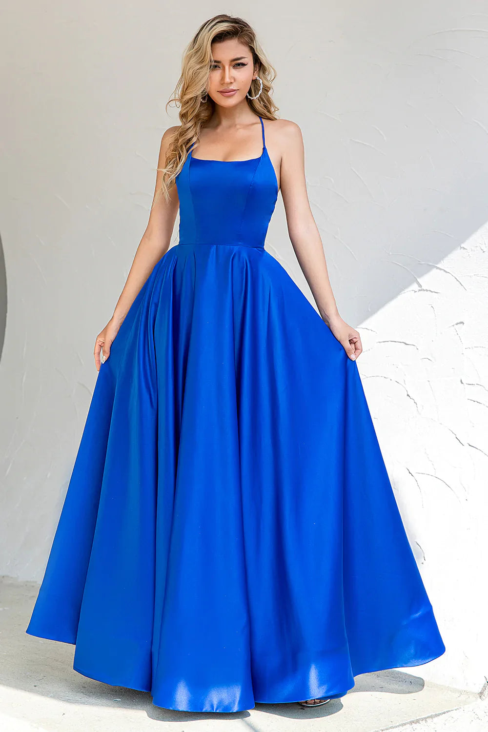 Royal Blue Backless Spaghetti Straps Satin Prom Dress