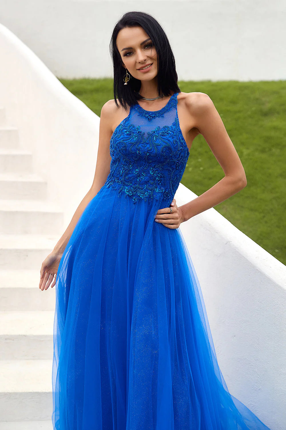 Royal Blue Tulle Full Of Charm  Prom Dress with Appliques