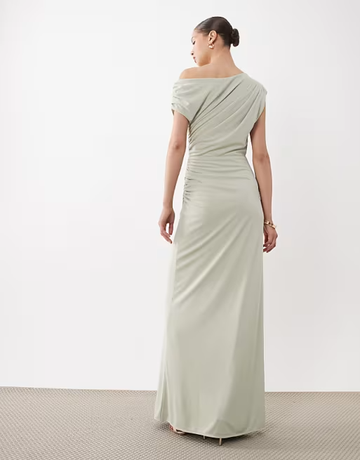 Ruched jersey one-shoulder short-sleeve floor-length bridesmaid dress