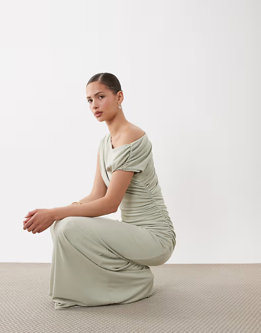 Ruched jersey one-shoulder short-sleeve floor-length bridesmaid dress
