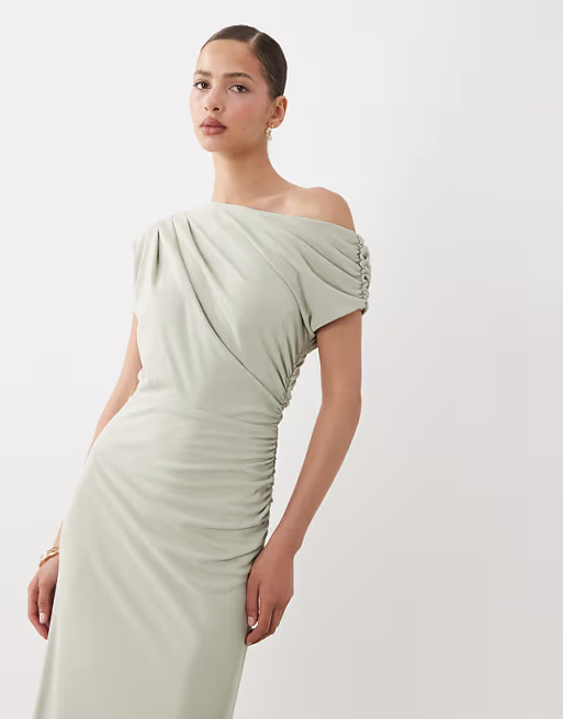 Ruched jersey one-shoulder short-sleeve floor-length bridesmaid dress
