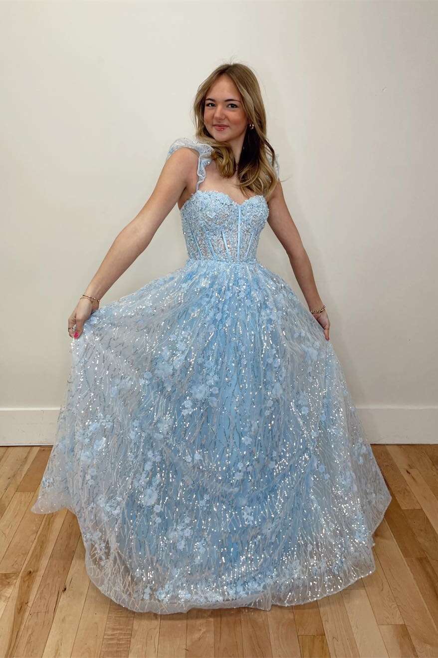 Ruffle Sleeves Light Blue Appliques Long Full Of Charm Prom Dresses