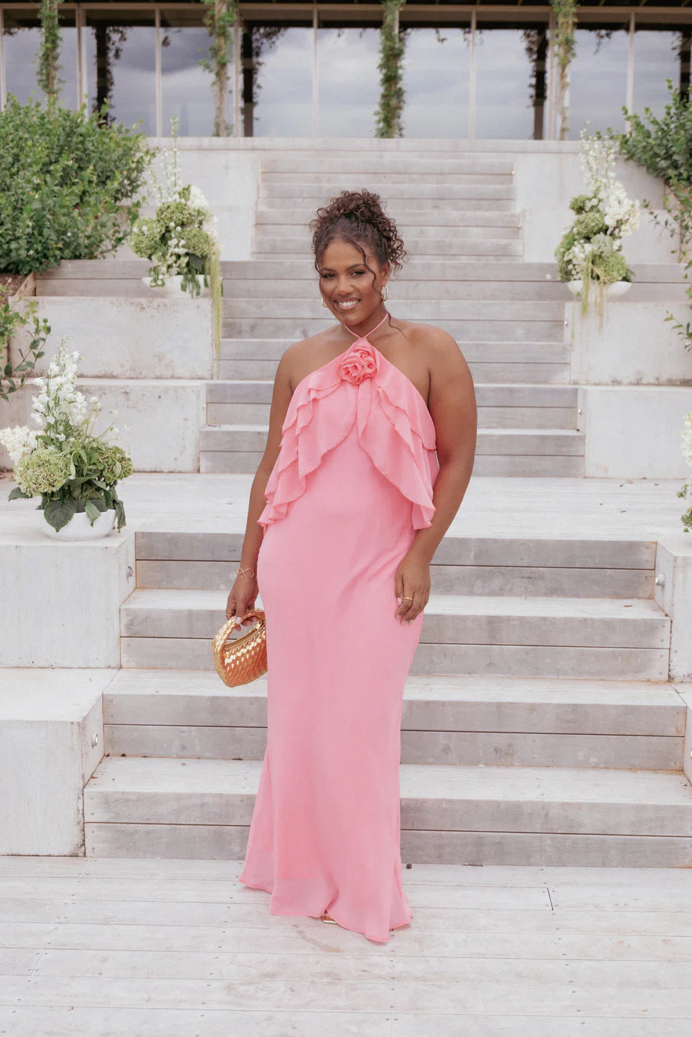 Ruffled Chiffon Maxi Halter Neckline Floral Applique Open Back Bodycon Evening Dress
