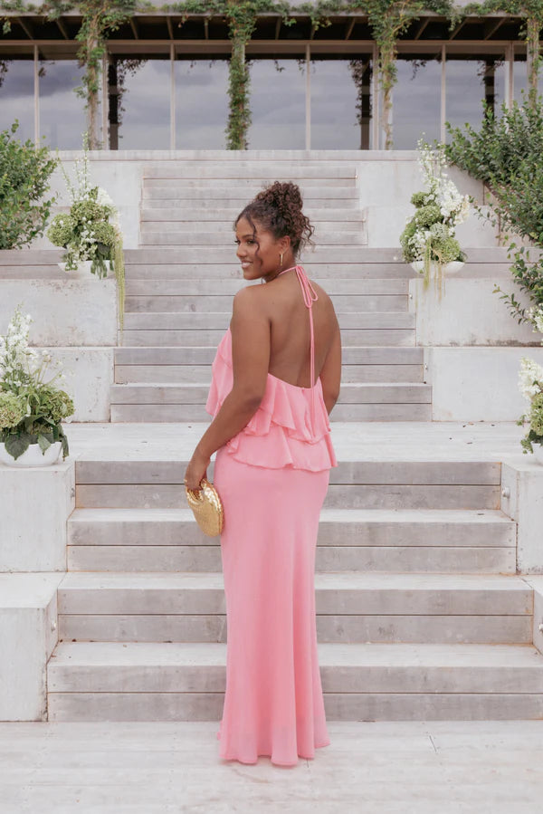 Ruffled Chiffon Maxi Halter Neckline Floral Applique Open Back Bodycon Evening Dress
