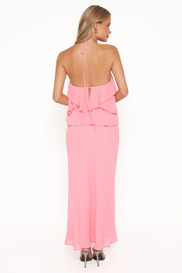 Ruffled Chiffon Maxi Halter Neckline Floral Applique Open Back Bodycon Evening Dress