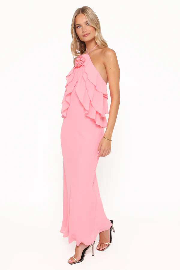 Ruffled Chiffon Maxi Halter Neckline Floral Applique Open Back Bodycon Evening Dress
