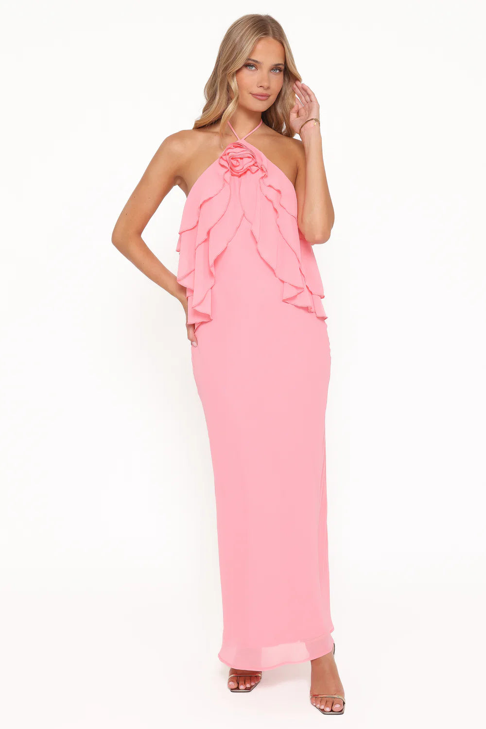 Ruffled Chiffon Maxi Halter Neckline Floral Applique Open Back Bodycon Evening Dress