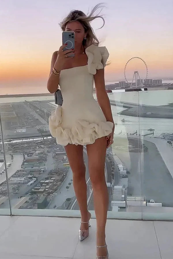 Ruffled Satin Short Party Dress One Shoulder Homecoming Dress