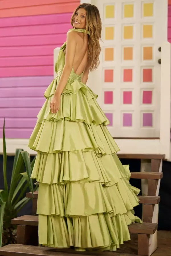 Ruffled Tiered Halter Plunging Open Back Long Formal Evening Dress