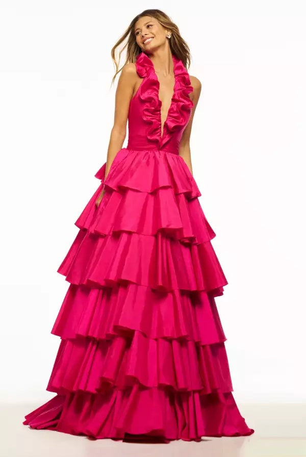 Ruffled Tiered Halter Plunging Open Back Long Formal Evening Dress