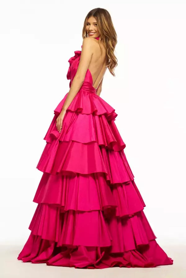 Ruffled Tiered Halter Plunging Open Back Long Formal Evening Dress