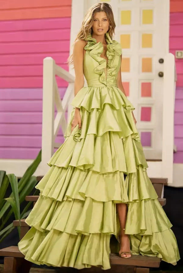 Ruffled Tiered Halter Plunging Open Back Long Formal Evening Dress