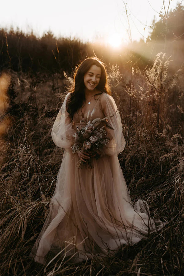 Rustic Wedding Dress With Long Sleeves Champagne Wedding Gown