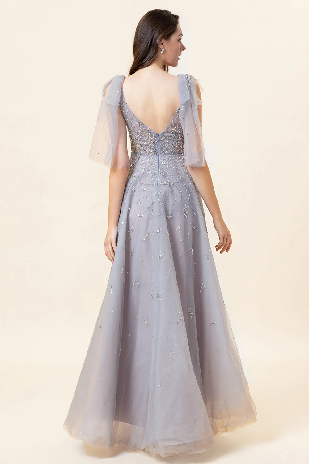 Sparkly Beaded Grey Long Tulle Prom Dress