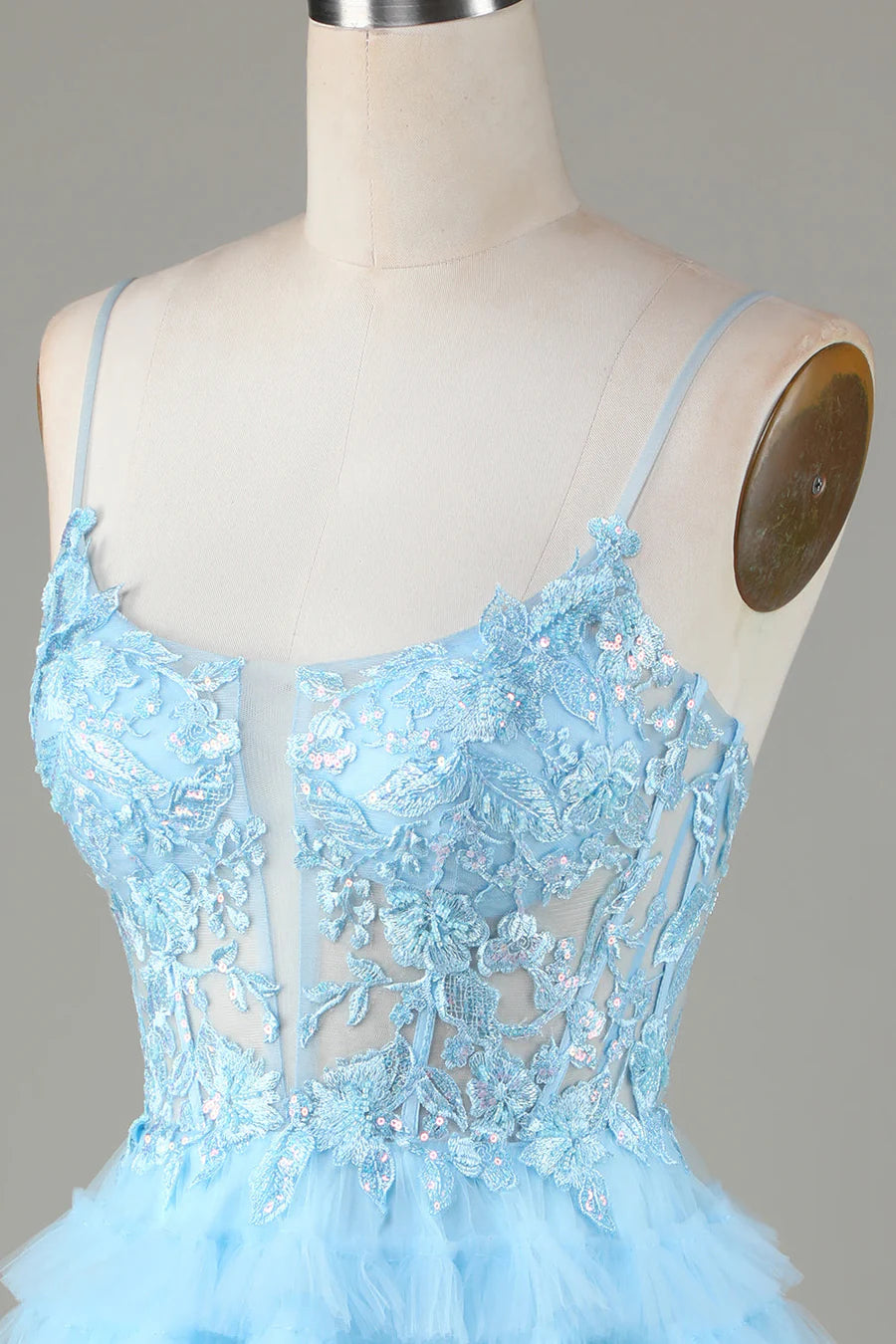 Light Blue Sheer Bodice Ruffle Tiered Short Homecoming Dress