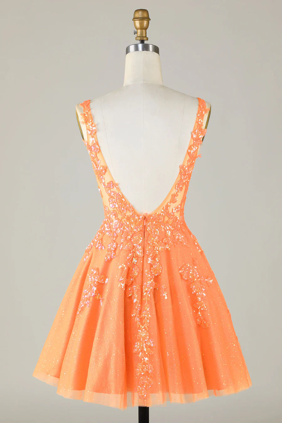 Orange Glitter Applique V-Neck A-Line Homecoming Dress