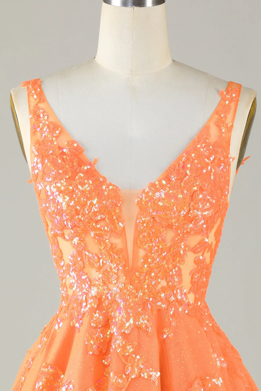 Orange Glitter Applique V-Neck A-Line Homecoming Dress