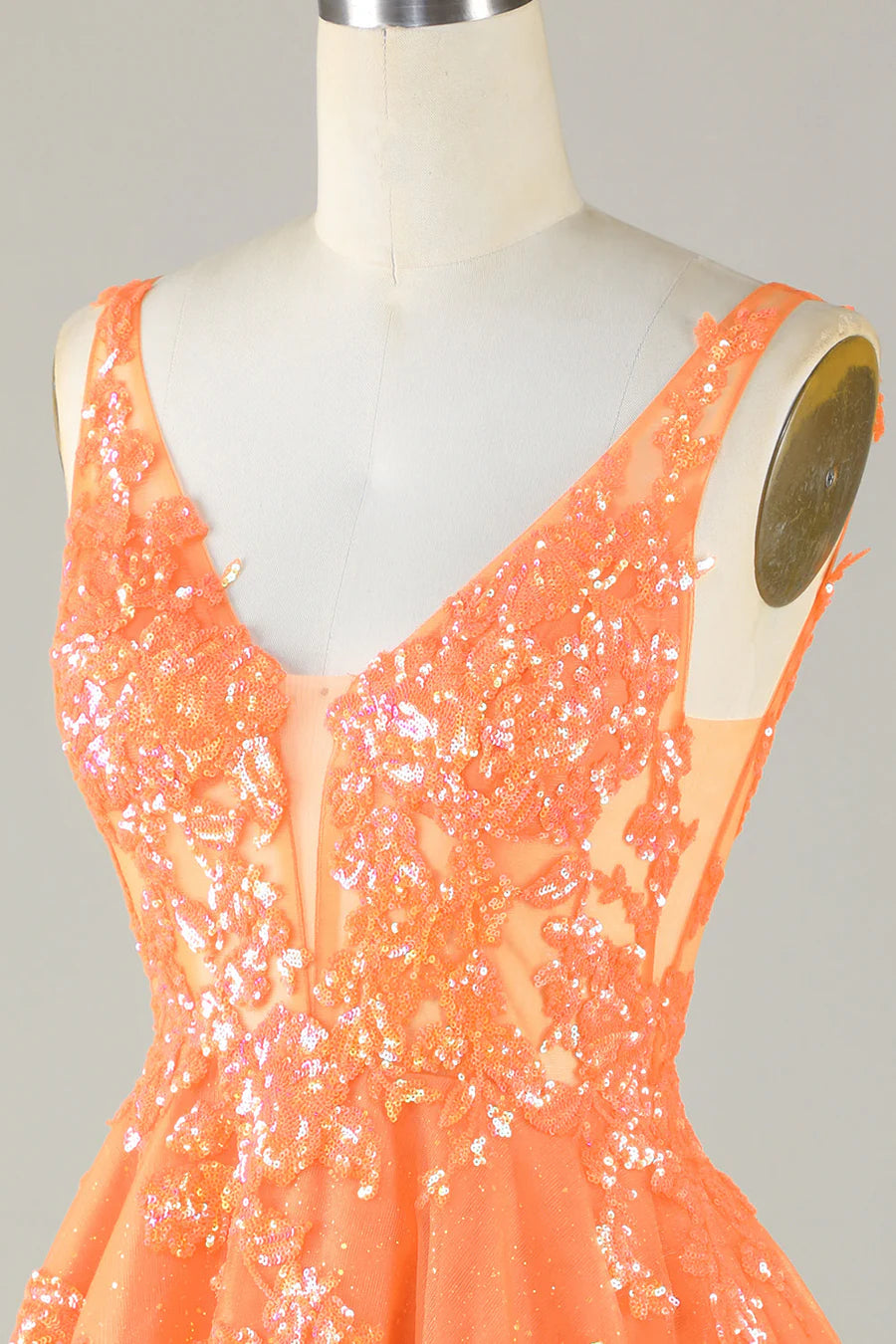 Orange Glitter Applique V-Neck A-Line Homecoming Dress