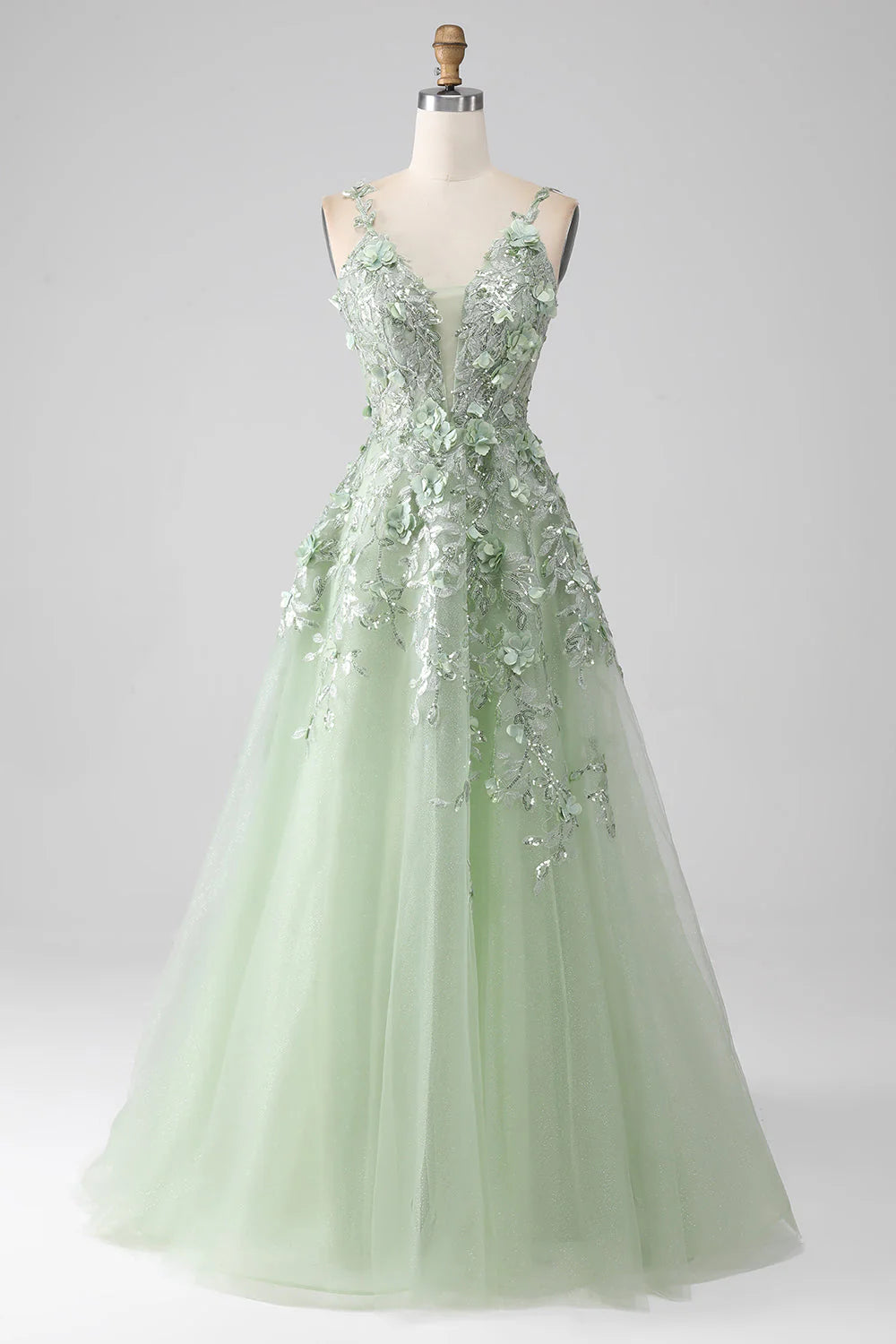 Sage A-Line Long Corset Appliqued Prom Dress with Detachable Sleeves
