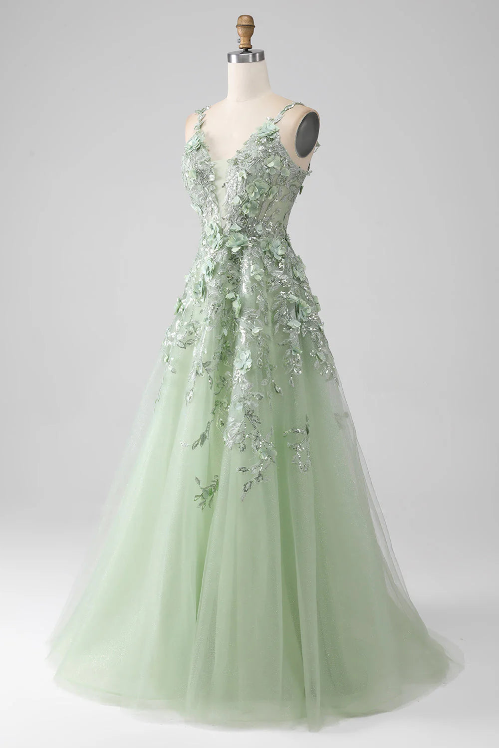 Sage A-Line Long Corset Appliqued Prom Dress with Detachable Sleeves