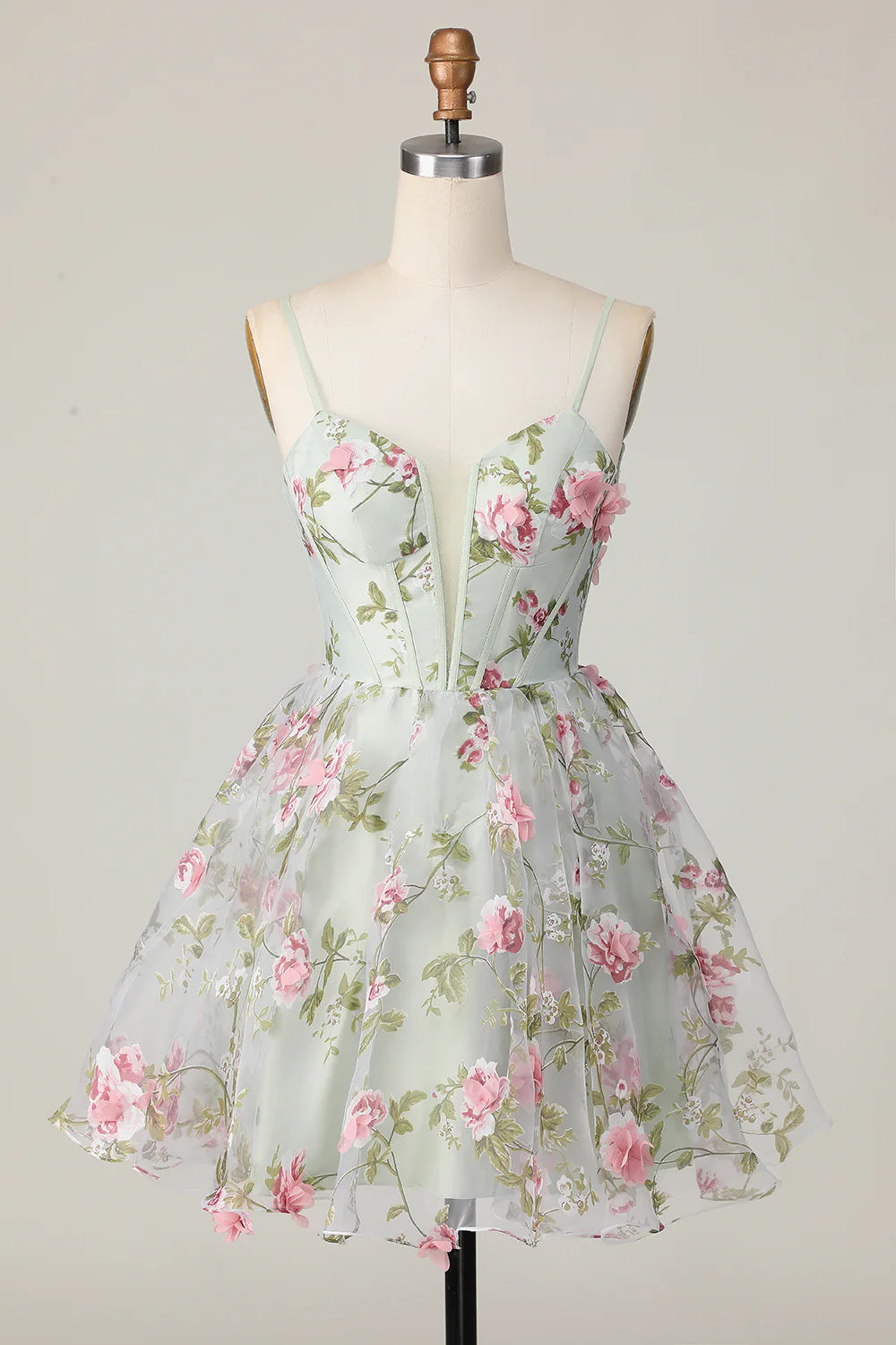 Sage Flower Corset Spaghetti Straps Short Homecoming Dress
