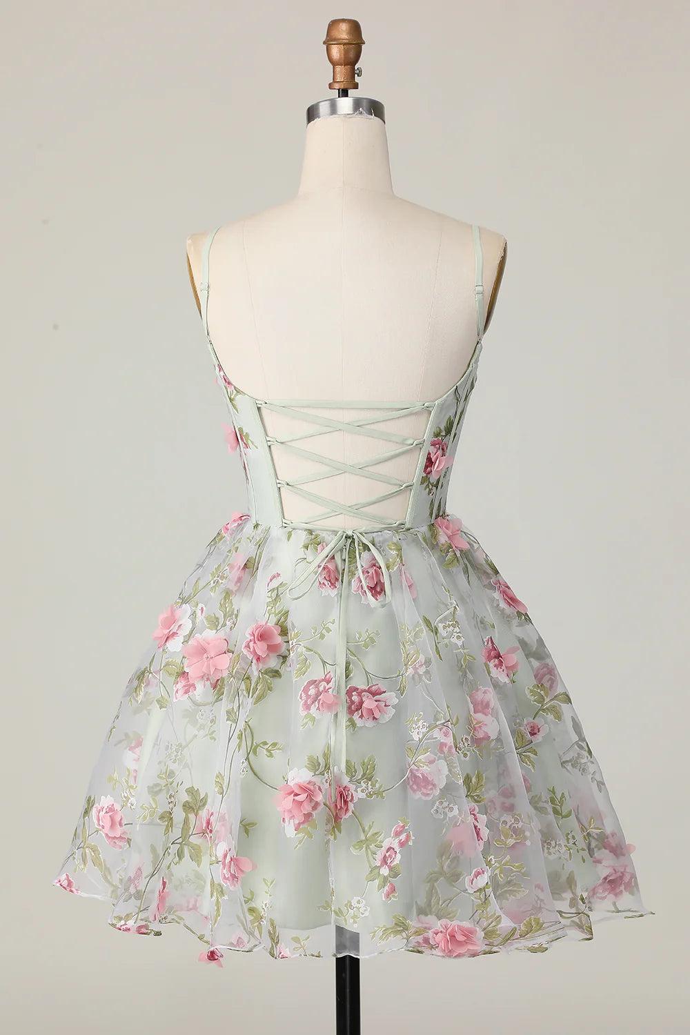 Sage Flower Corset Spaghetti Straps Short Homecoming Dress