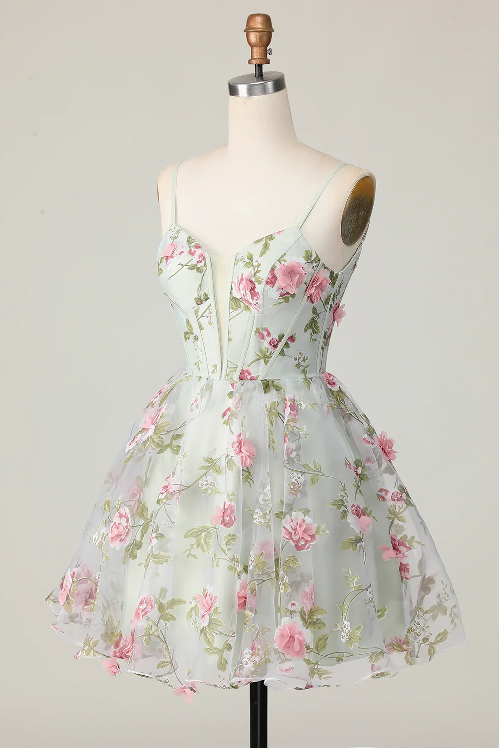 Sage Flower Corset Spaghetti Straps Short Homecoming Dress