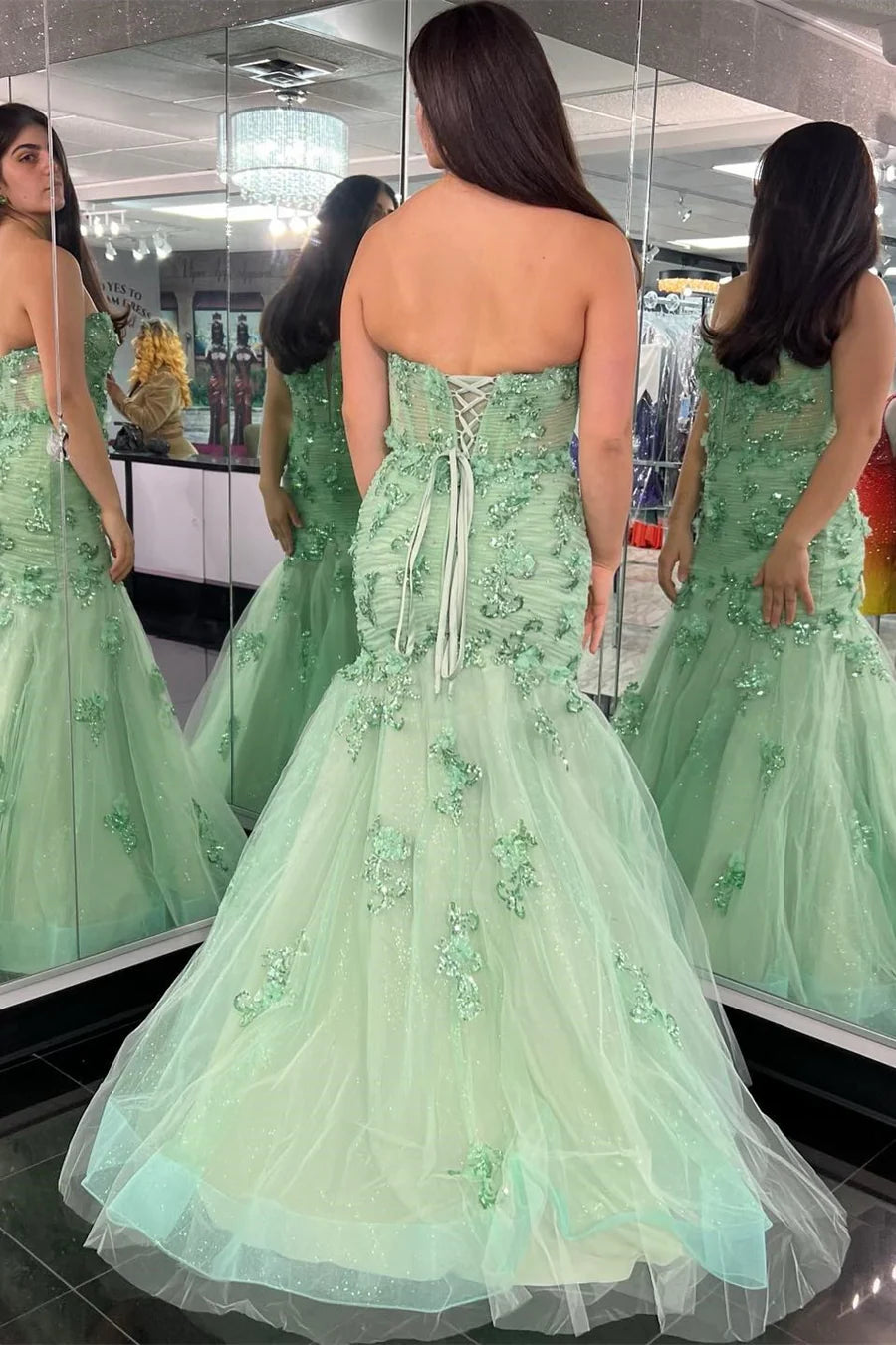 Sage Green Appliques Strapless Trumpet Long Formal Dress
