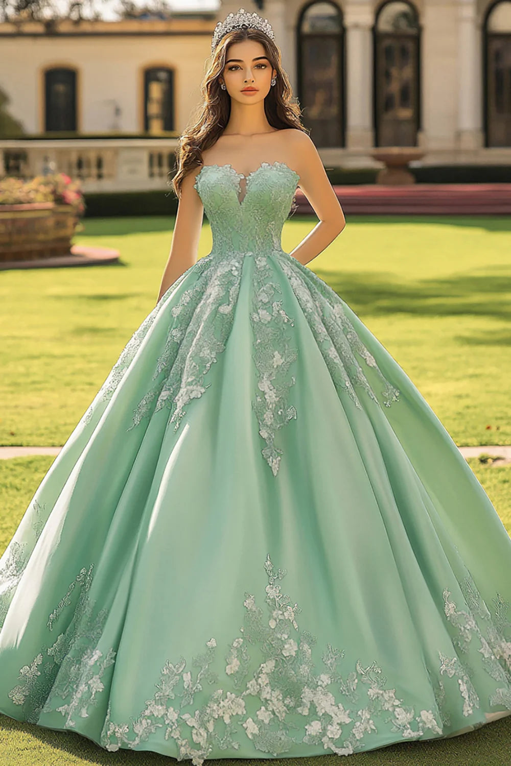 Sage Green Ball Gown Princess Long Strapless Quinceanera Dress with Appliques