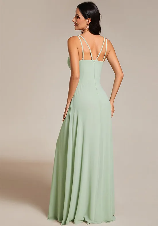 Sage Green Chiffon Adjustable Double Spaghetti Strap Ruched V-Neck A-Line Floor Length Bridesmaid Dresses