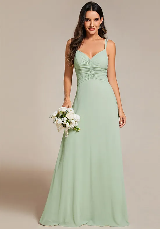 Sage Green Chiffon Adjustable Double Spaghetti Strap Ruched V-Neck A-Line Floor Length Bridesmaid Dresses
