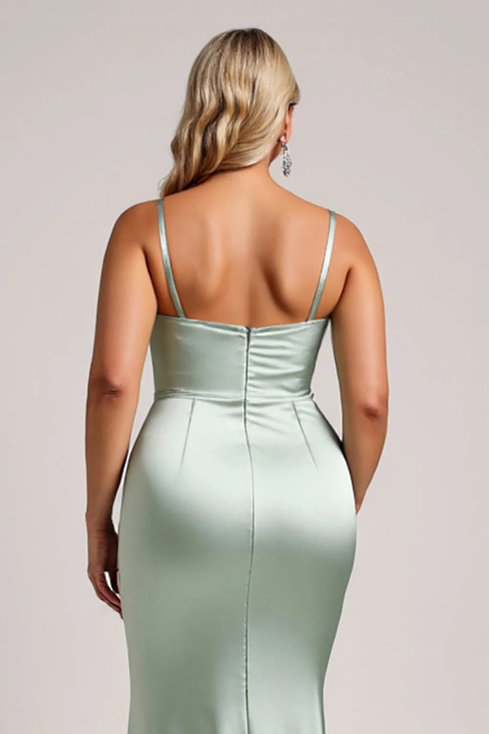 Sage Green Plus Size Satin Long Mermaid Bridesmaid Dress with Slit
