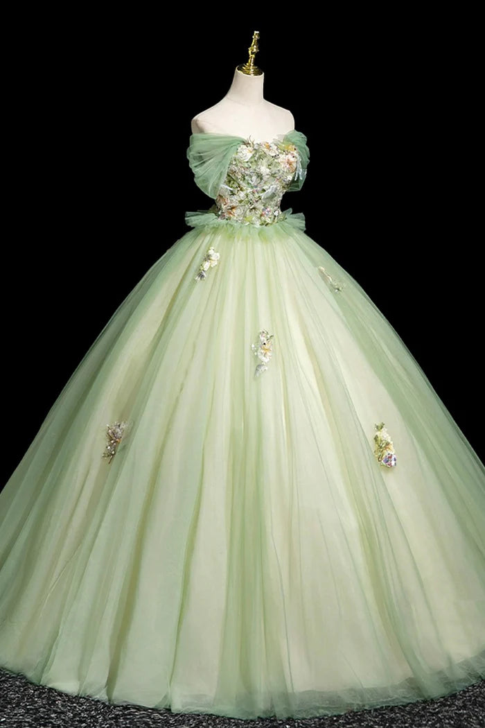 Sage Green Sequins Lace Flower Prom Dress, Beautiful Off the Shoulder Party Dress