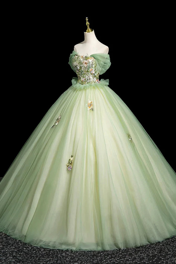 Sage Green Sequins Lace Flower Prom Dress, Beautiful Off the Shoulder Party Dress