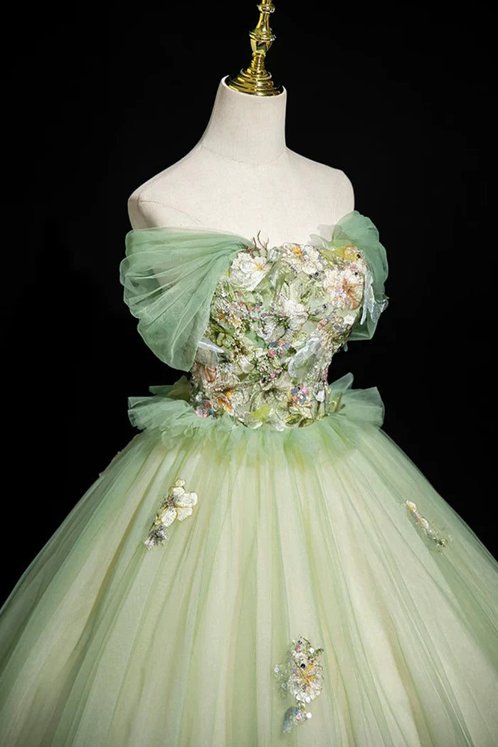 Sage Green Sequins Lace Flower Prom Dress, Beautiful Off the Shoulder Party Dress