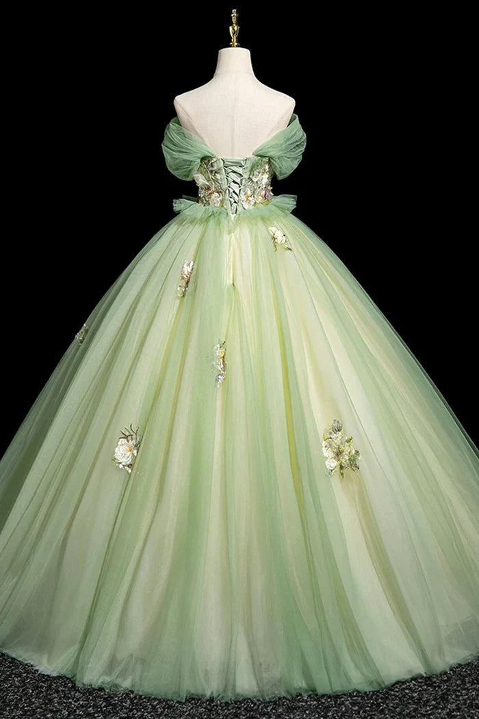 Sage Green Sequins Lace Flower Prom Dress, Beautiful Off the Shoulder Party Dress