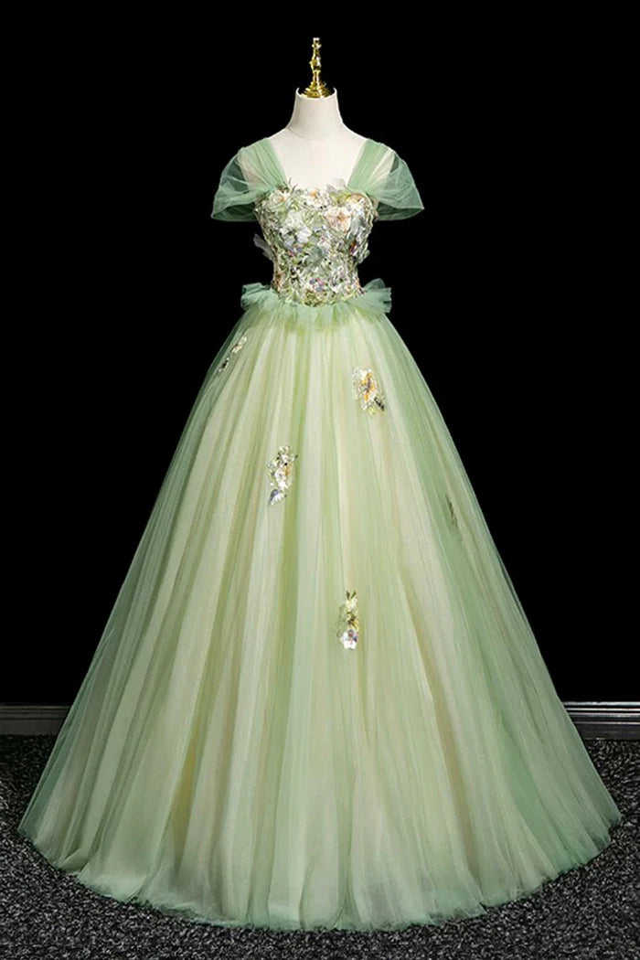 Sage Green Sequins Lace Flower Prom Dress, Beautiful Off the Shoulder Party Dress