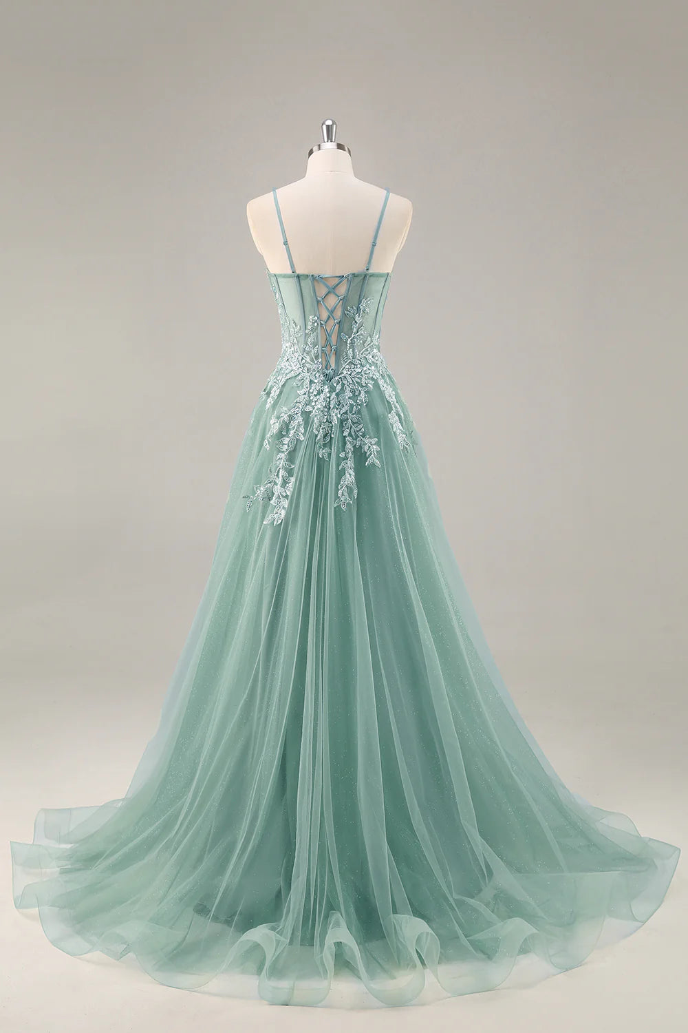 Sage Green Tulle A-Line Corset Beaded Long Prom Dress with Slit