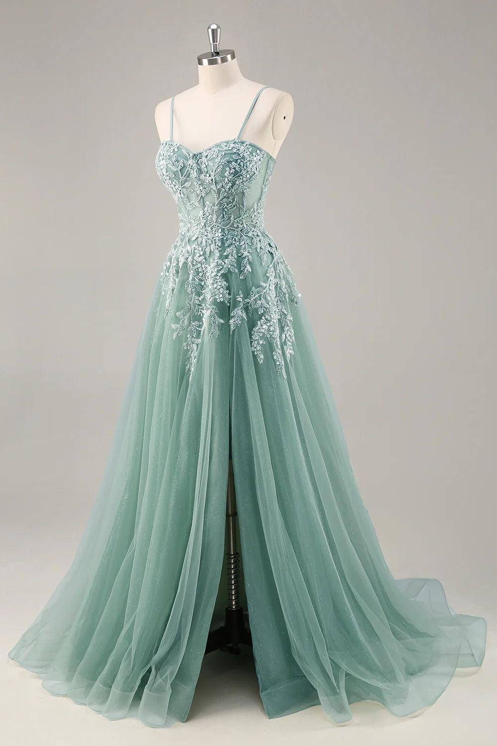 Sage Green Tulle A-Line Corset Beaded Long Prom Dress with Slit