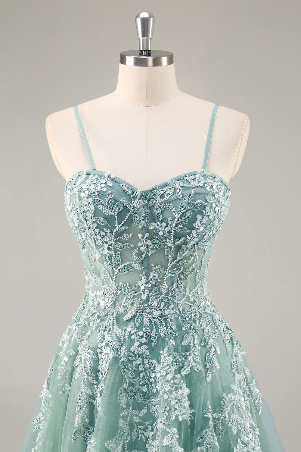 Sage Green Tulle A-Line Corset Beaded Long Prom Dress with Slit