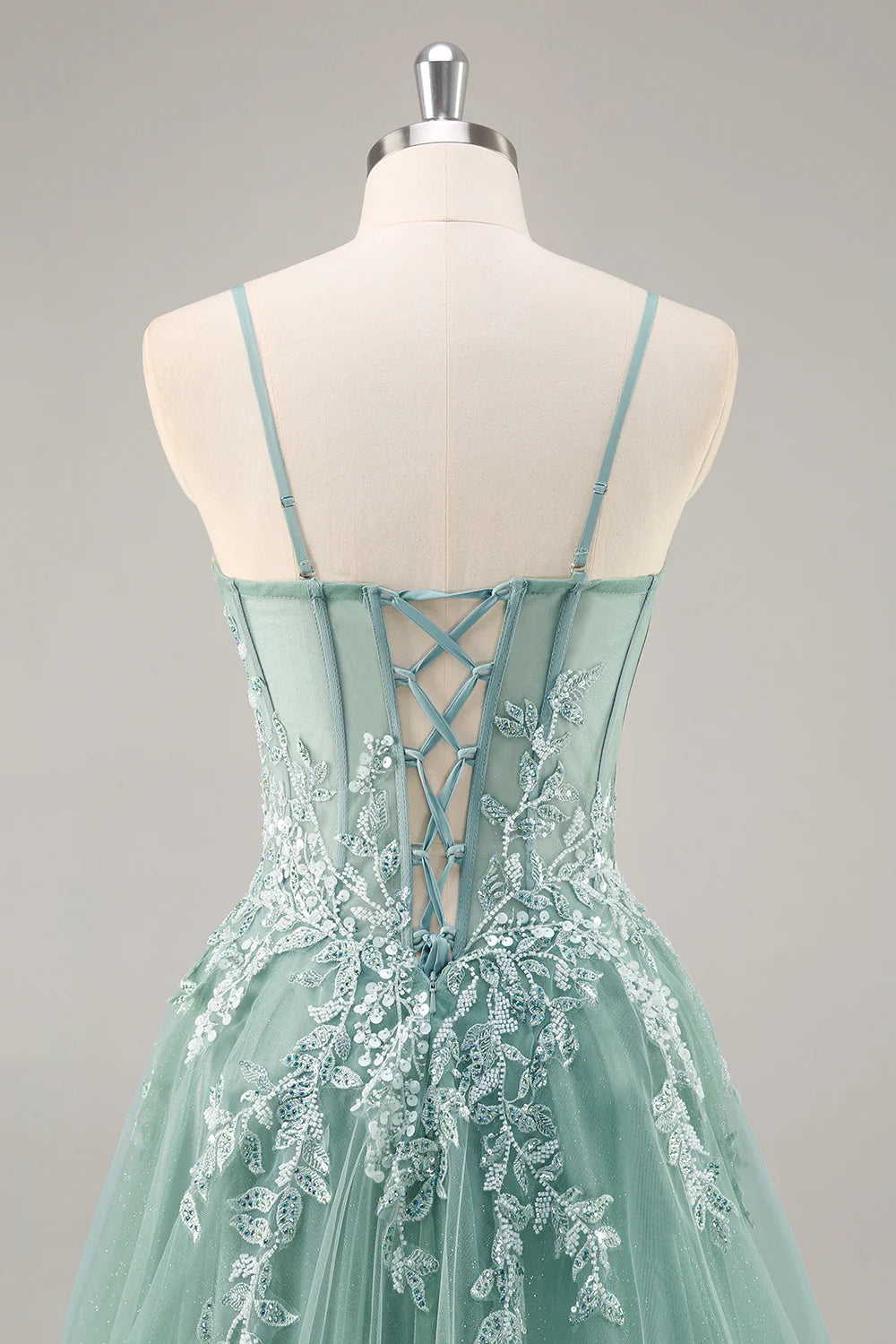 Sage Green Tulle A-Line Corset Beaded Long Prom Dress with Slit