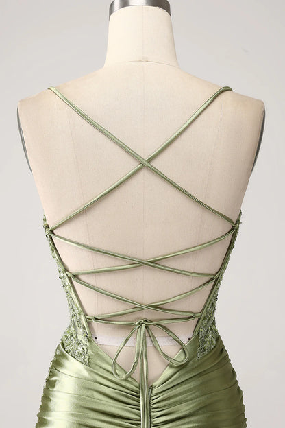 Sage Mermaid Spaghetti Straps Corset Sequin Lace-up Back Prom Dress With Slit