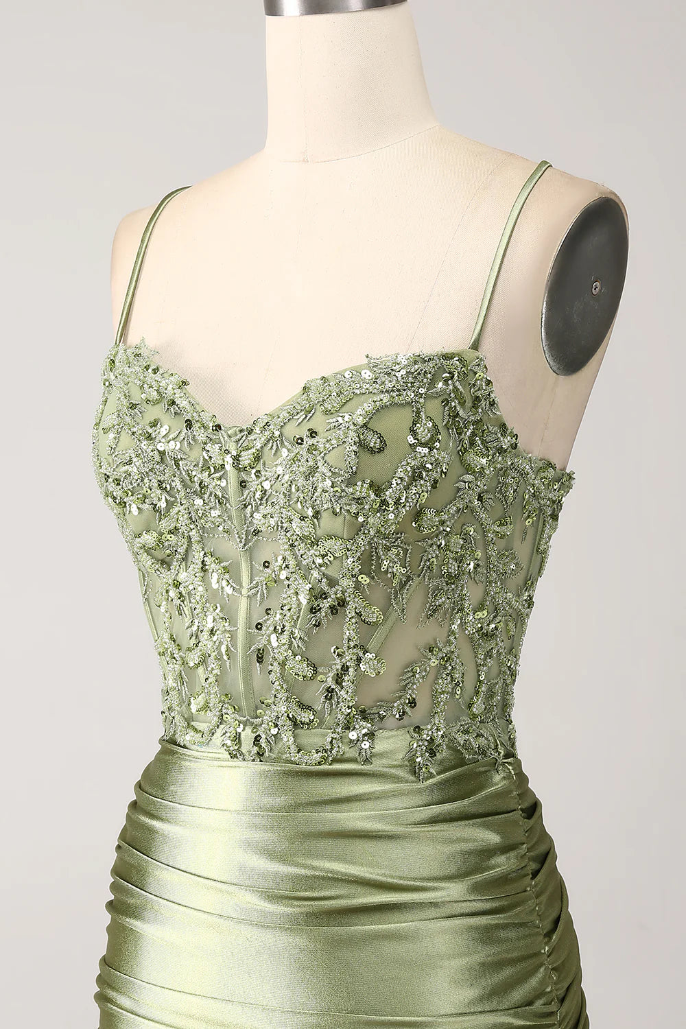 Sage Mermaid Spaghetti Straps Corset Sequin Lace-up Back Prom Dress With Slit