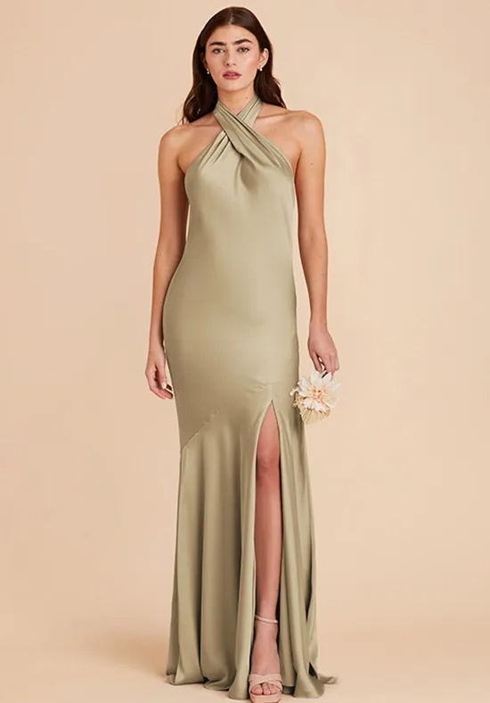 Sage Satin Halter Twist Neck Open Back High Slit Mermaid Floor Length Bridesmaid Dresses