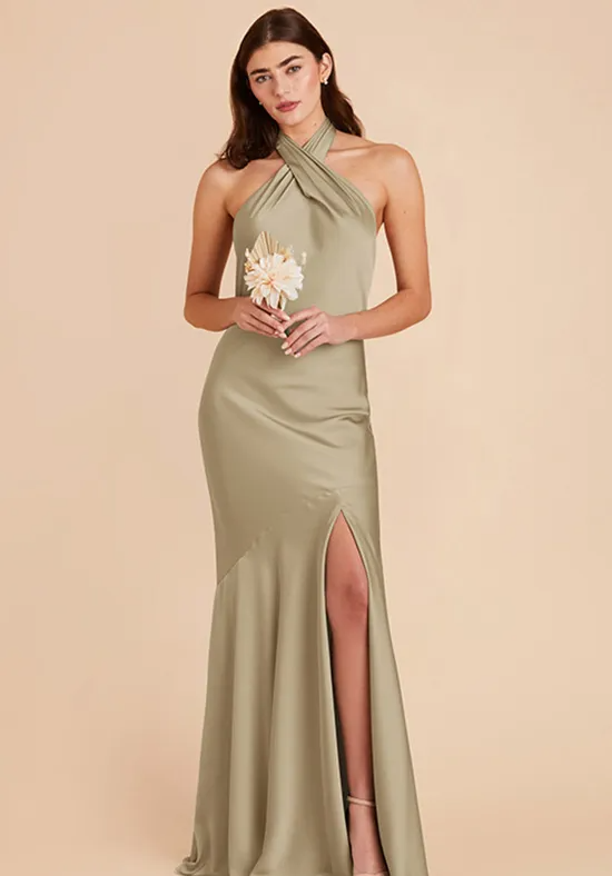 Sage Satin Halter Twist Neck Open Back High Slit Mermaid Floor Length Bridesmaid Dresses